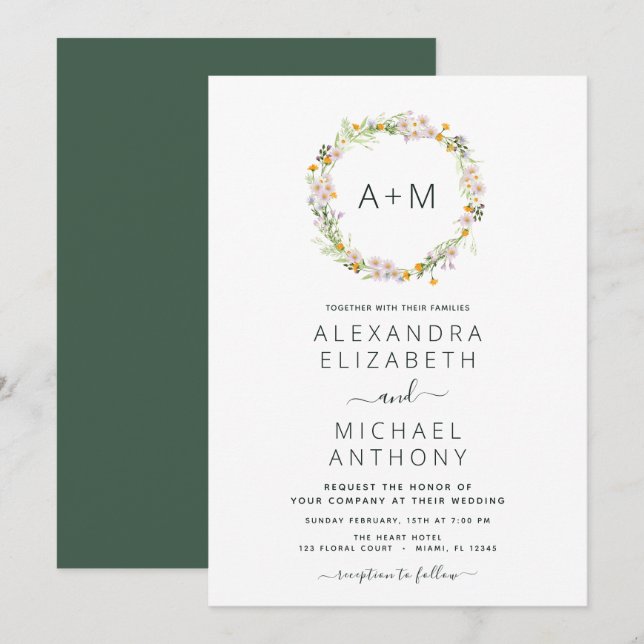 Invitación Monograma Flores salvajes Boda verde esmeralda (Anverso / Reverso)