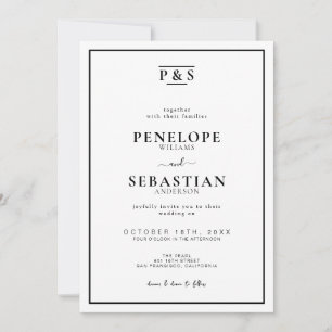 Invitación Monograma formal blanco y negro todo en un Boda