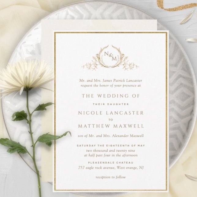 Invitación Monograma formal Boda de oro y acuarela crema (Subido por el creador)