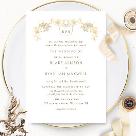 Invitación Monograma formal con encanto blanco y dorado Boda