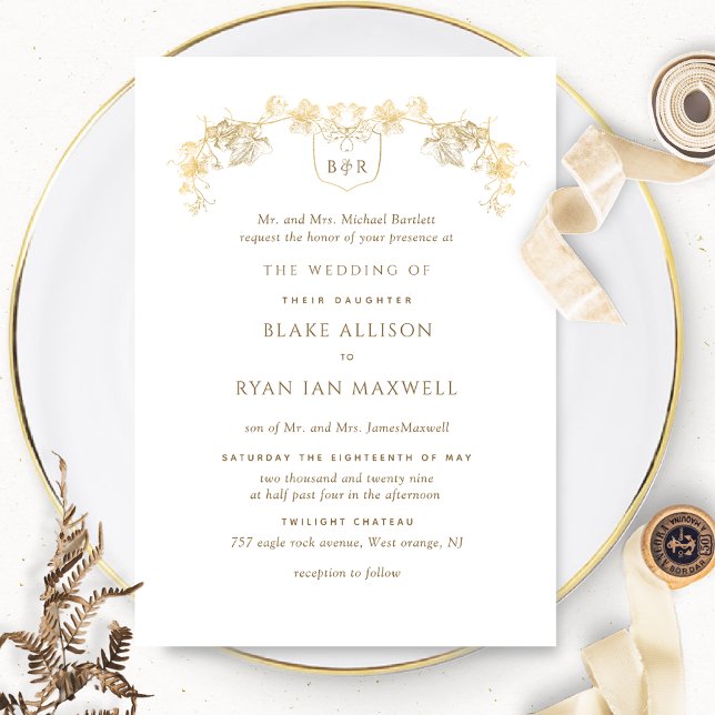 Invitación Monograma formal con encanto blanco y dorado Boda  (Subido por el creador)