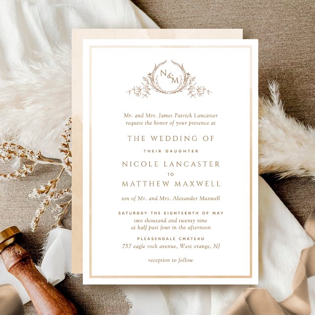 Invitación Monograma formal crema beige Boda acuarela (Subido por el creador)