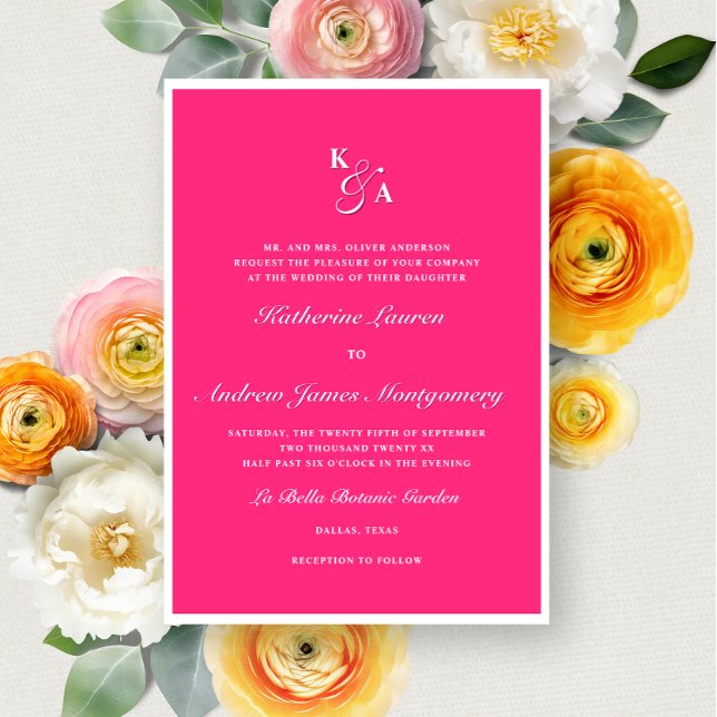 Invitación Monograma formal de color rosa caliente brillante  (Subido por el creador)
