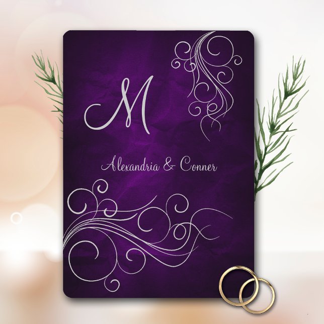 Invitación Monograma formal de giro morado plateado Boda (Subido por el creador)