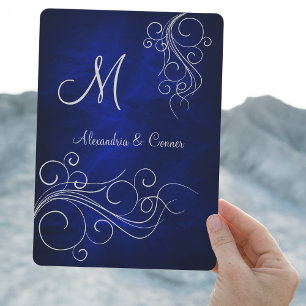 Invitación Monograma formal de Swirl Royal Blue Silver Boda