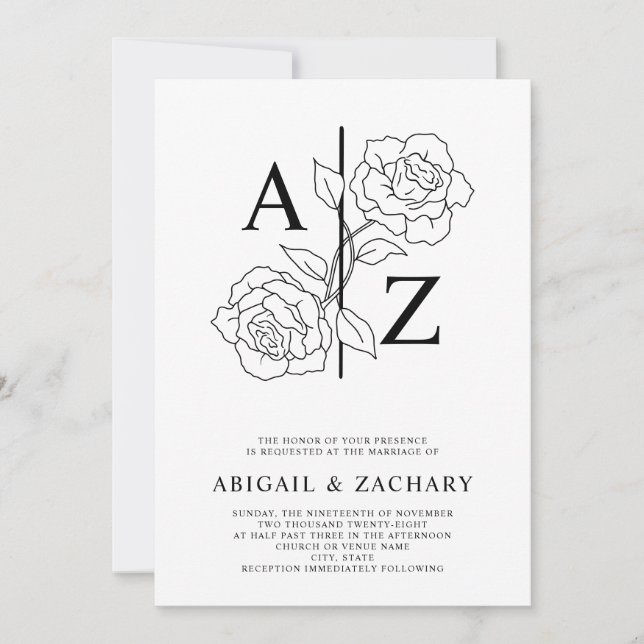 Invitación Monograma formal en blanco y negro Boda (Anverso)