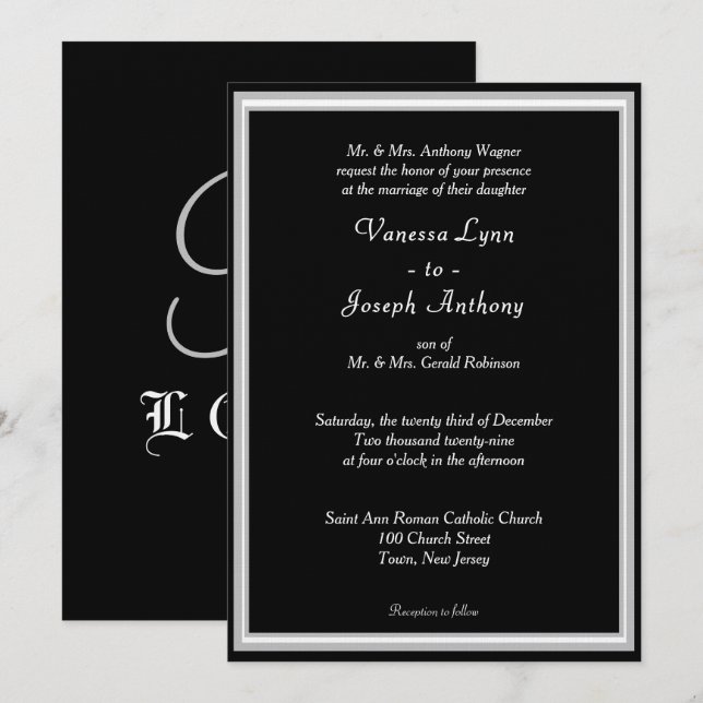 Invitación Monograma Formal Negro Blanco (Anverso / Reverso)