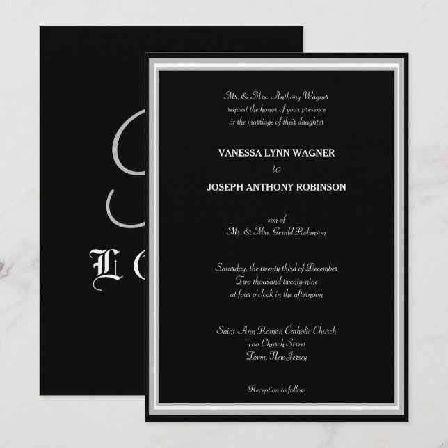 Invitación Monograma Formal Negro Blanco (Anverso / Reverso)