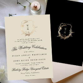 Invitación Monograma formal negro y crema Boda de corona de o