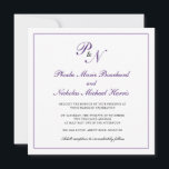 Invitación Monograma formal real morado Boda cuadrado<br><div class="desc">La tradicional y elegante invitación a una boda cuadrada con un diseño sencillo con tu primer monograma y tus nombres en una elegante caligrafía de púrpura real dentro de un delgado borde. El trasero es púrpura sólido. Este diseño clásico es perfecto para un boda formal en otoño/otoño.</div>