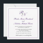 Invitación Monograma formal real morado Boda cuadrado<br><div class="desc">La tradicional y elegante invitación a una boda cuadrada con un diseño sencillo con tu primer monograma y tus nombres en una elegante caligrafía de púrpura real dentro de un delgado borde. El trasero es púrpura sólido. Este diseño clásico es perfecto para un boda formal en otoño/otoño.</div>