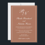 Invitación Monograma formal Simple Terracota Elegante Boda<br><div class="desc">Terracota tradicional / naranja quemado / invitación a la boda de color rojizo con un diseño sencillo y clásico con sus dos primeros monogramas y sus nombres en una elegante caligrafía dentro de un delgado borde. Todos los elementos de diseño se pueden cambiar en la herramienta de edición de diseño....</div>
