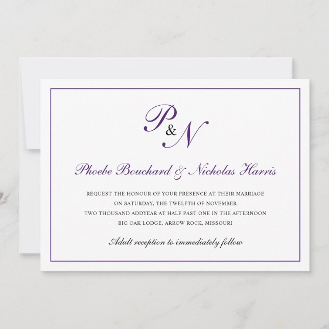 Invitación Monograma formal tradicional real morado Boda form (Anverso)