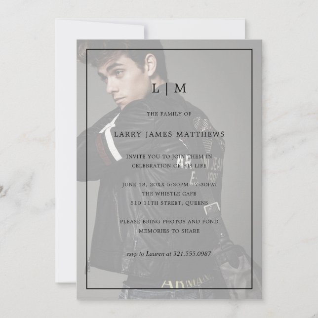 Invitación Monograma Foto Celebración moderna de la vida (Anverso)