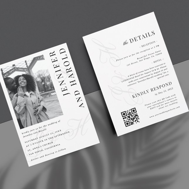 Invitación Monograma fotográfico blanco negro Boda de código  (Subido por el creador)