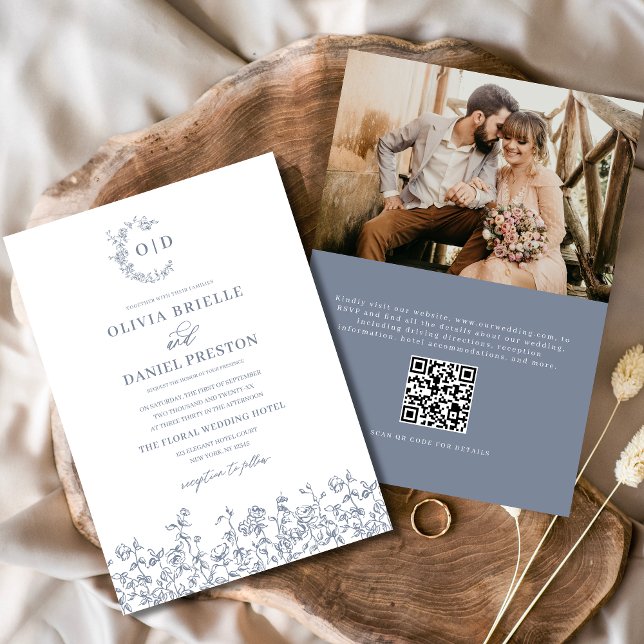 Invitación Monograma francés floral Foto Dusty Boda azul (Subido por el creador)