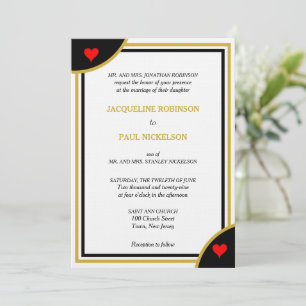 Invitación Monograma Geométrico Boda Corazones Rojos Negro Or