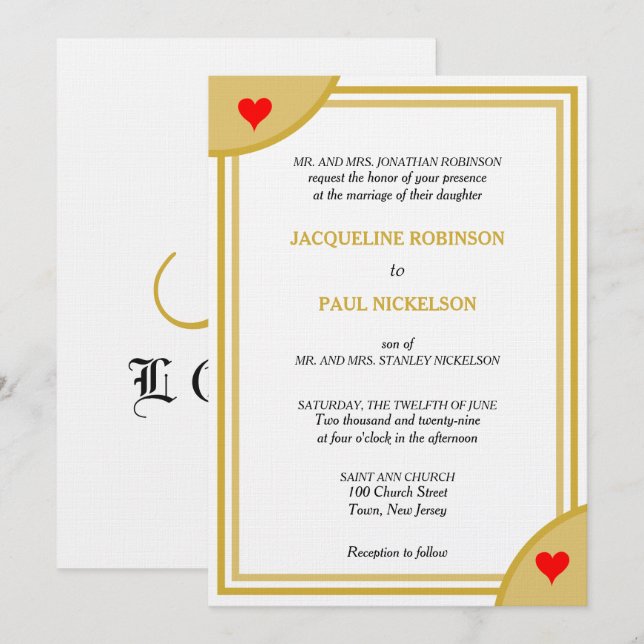 Invitación Monograma geométrico de boda de oro blanco Corazon (Anverso / Reverso)