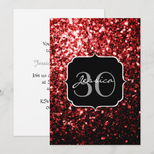 Invitación Monograma Glamour con destellos de brillo rojo osc