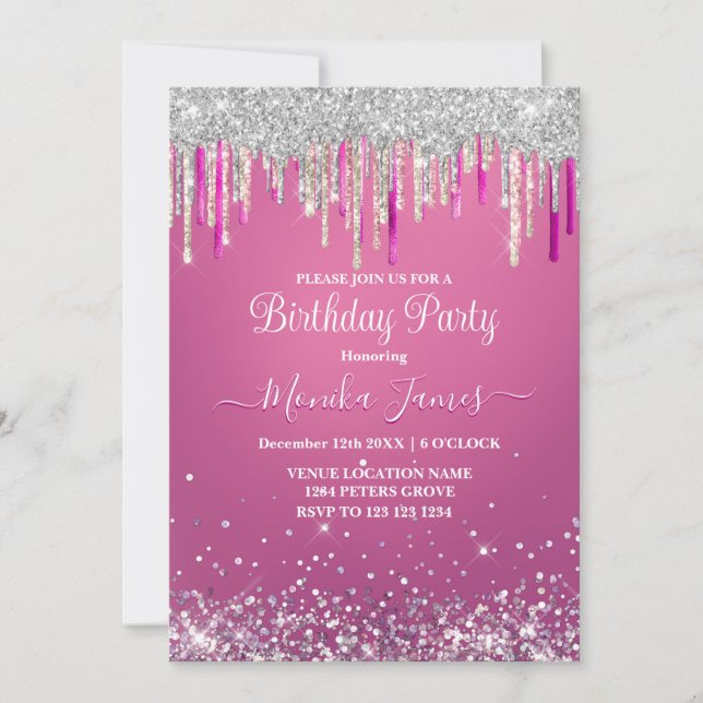 Invitación Monograma Glitter con Goteo de Plata Rosa Chic (Anverso)