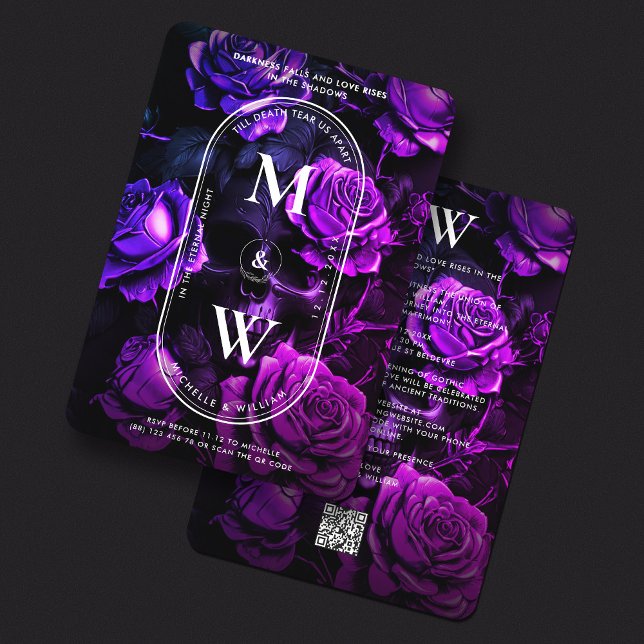 Invitación Monograma gótico Boda Skull Rosas morados oscuros (Gothic Monogram Wedding Skull Dark Purple Roses Invitation
)