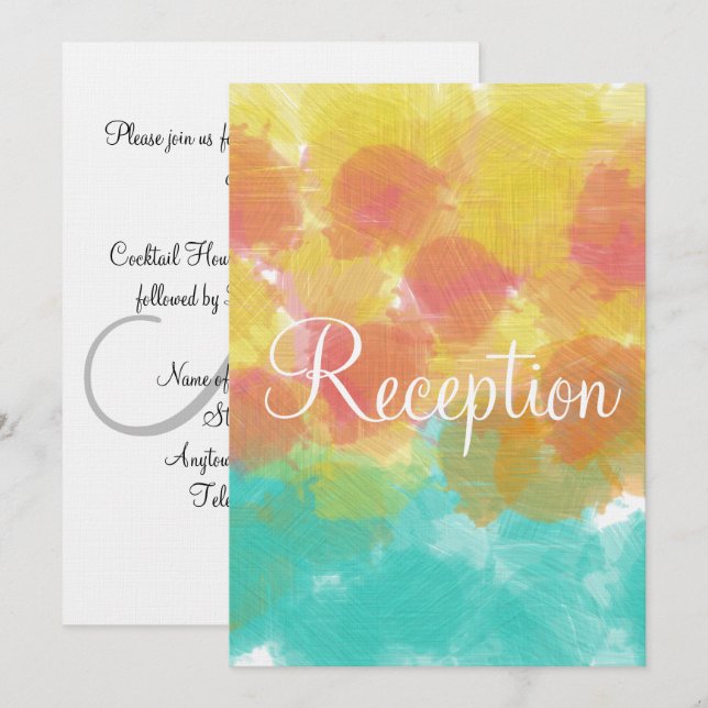 Invitación Monograma Gouache Watercolor rosa azul amarillo (Anverso / Reverso)