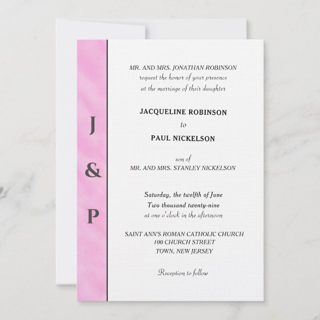 Invitación Monograma gris de acuarela rosa claro (Anverso)