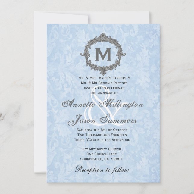 Invitación Monograma gris de la cosecha azul del bebé Damasco (Anverso)