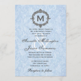 Invitación Monograma gris de la cosecha azul del bebé Damasco