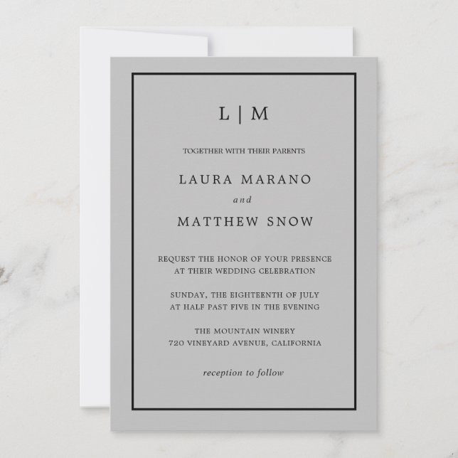 Invitación Monograma gris mínimo Boda simple (Anverso)