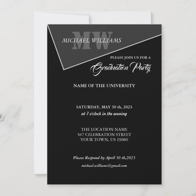 Invitación Monograma gris negro artístico moderno (Anverso)