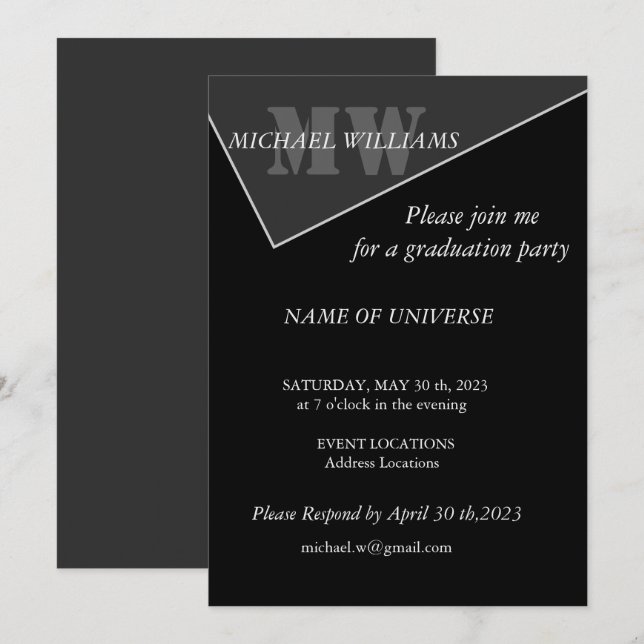 Invitación Monograma gris negro artístico moderno (Anverso / Reverso)