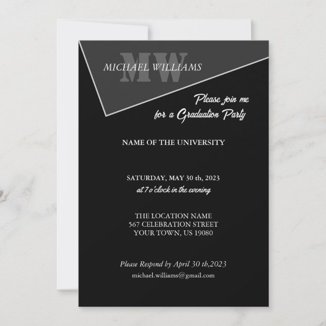 Invitación Monograma gris negro artístico moderno (Anverso)