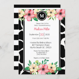 Invitación Monograma Hueso floral Baby Shower Coral Amarillo