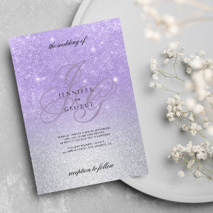 Invitación Monograma lilac plata inital boda de purpurina lac