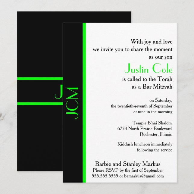 Invitación Monograma Lime Green Black Bar Mitzvah (Anverso / Reverso)