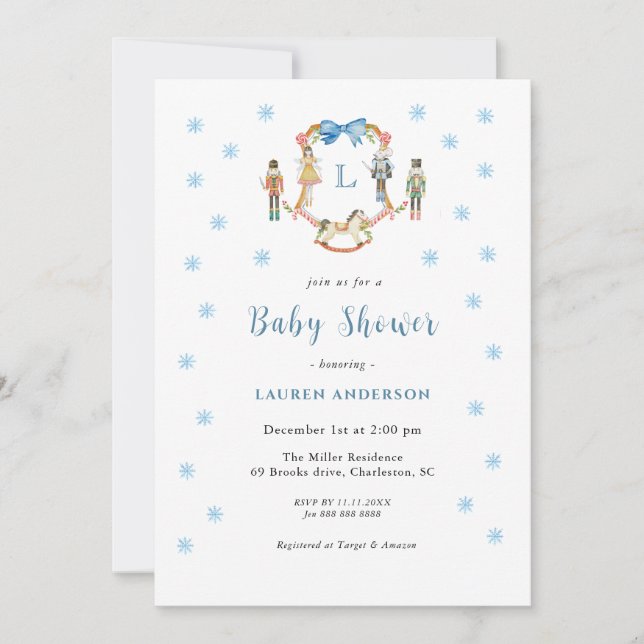 Invitación Monograma lindo Nutcracker escudo niño ducha bebé (Anverso)