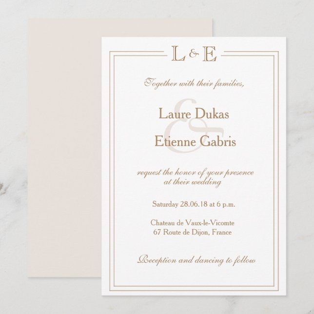Invitación Monograma marfil blanco dorado y boda moderno (Anverso / Reverso)
