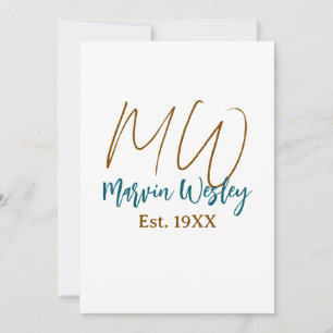 Invitación Monograma marrón azul turquesa año est.simple mini