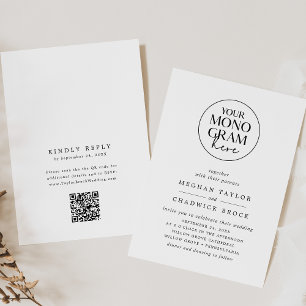 Invitación Monograma MEGHAN Blanco Negro Código QR Boda único