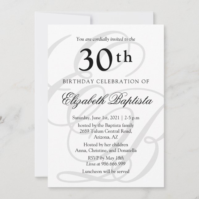 Invitación Monograma Minimalista 30 Fiesta de cumpleaños (Anverso)