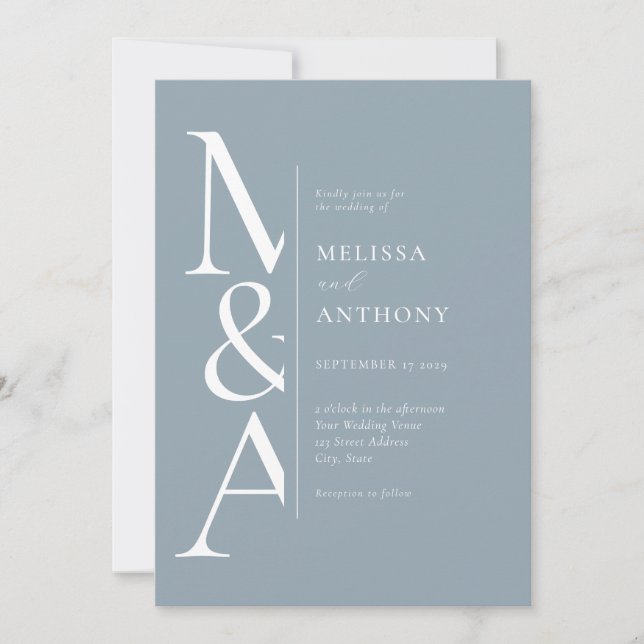 Invitación Monograma Minimalista Dusty Blue Modern Boda (Anverso)