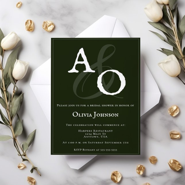 Invitación Monograma Minimalista verde esmeralda (Emerald Green Minimalist Monogram Bridal Shower Invitation)