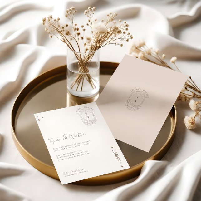 Invitación Monograma mínimo celestial holístico de la luna y  (Minimal Celestial Holistic Moon & Stars Monogram Invitation)