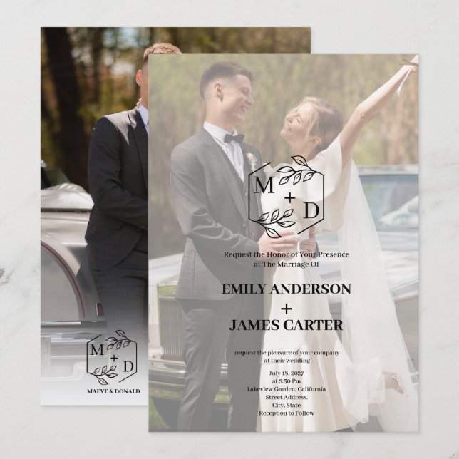 Invitación Monograma Mínimo de Boda de Foto Botánica (Anverso / Reverso)