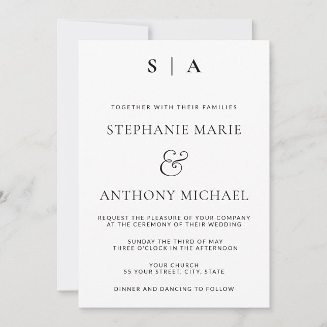 Invitación Monograma mínimo moderno Boda blanco y negro (Anverso)