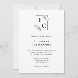 Invitación Monograma Moda simple Boda botánico blanco negro