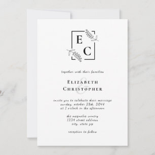 Invitación Monograma Moda simple Boda botánico blanco negro