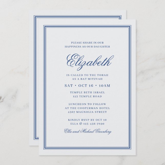 Invitación Monograma moderno Bat Mitzvah en marco simple (Anverso / Reverso)