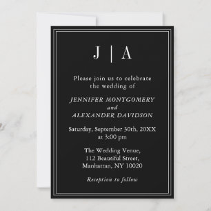 Invitación Monograma Moderno Boda Blanco Y Negro Simple